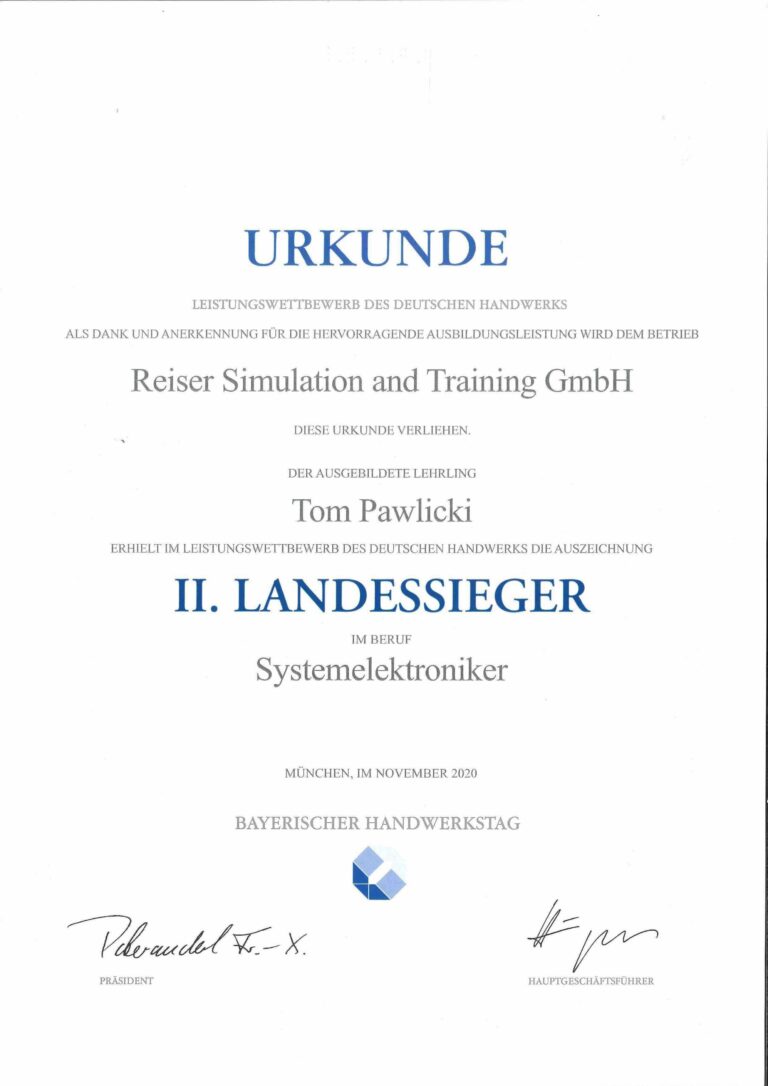 Urkunde für den zweiten Landessieg beim Leistungswettbewerb des Deutschen Handwerks 2020