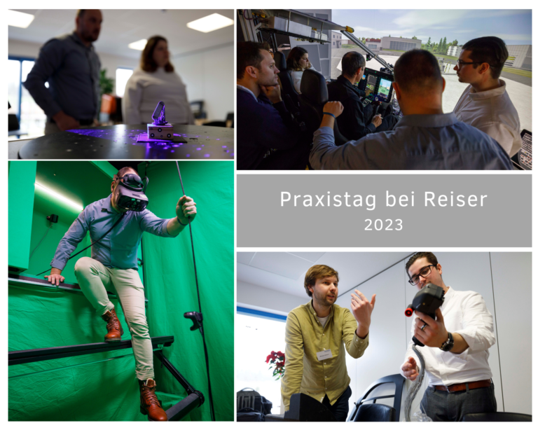 Bildcollage vom Praxistag 2023 mit Greenscreen, VR-Brille und Gesprächen