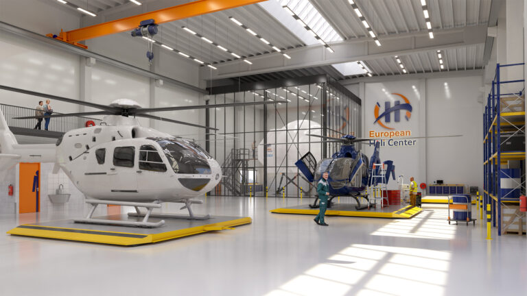 Hangar des European Heli Center mit zwei Hubschraubern