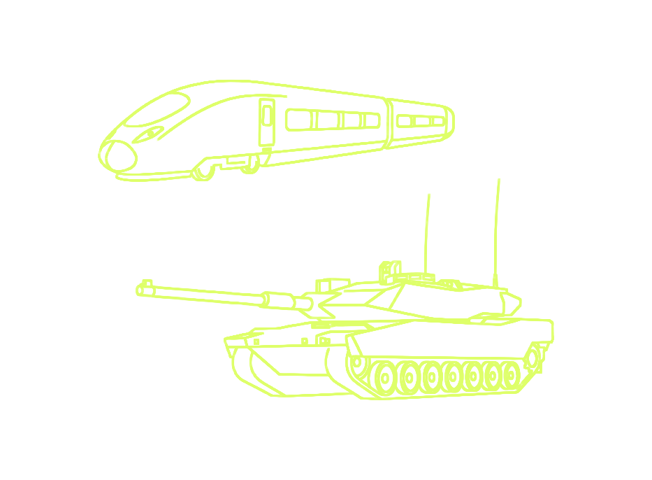 Strichzeichnung Zug und Kettenfahrzeug, Anwendungsfeld Land