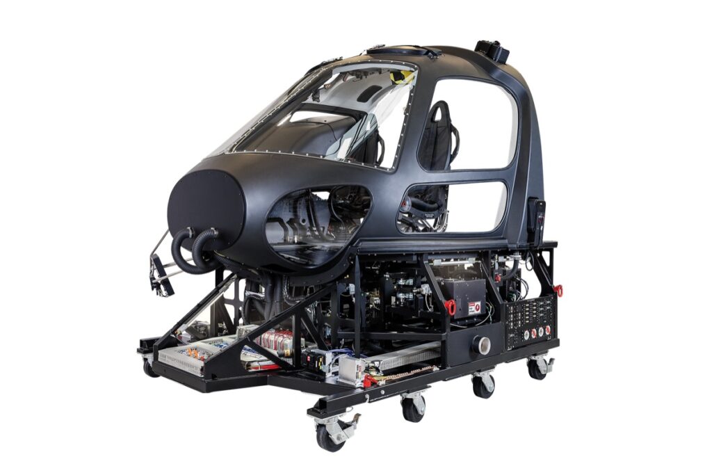 Replica cockpit module Airbus H125 on a wheeled cart