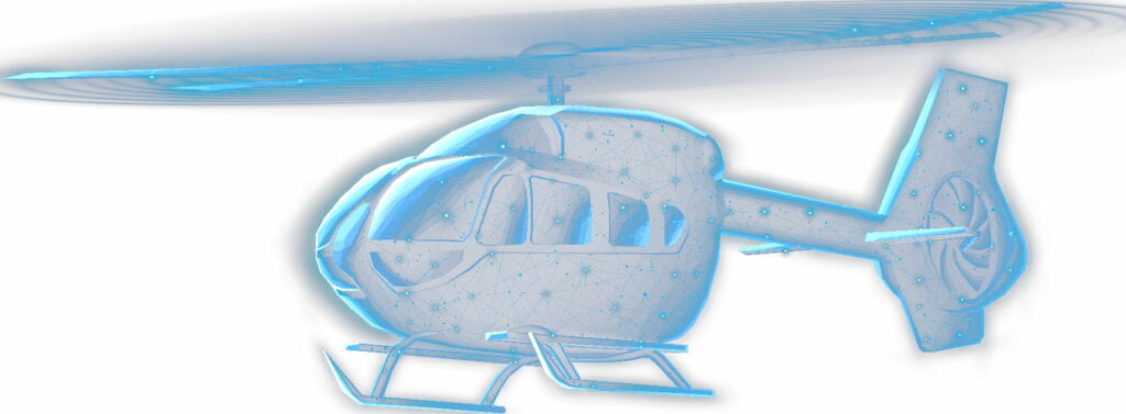 Helicopter as a blue wireframe model, flight model motif