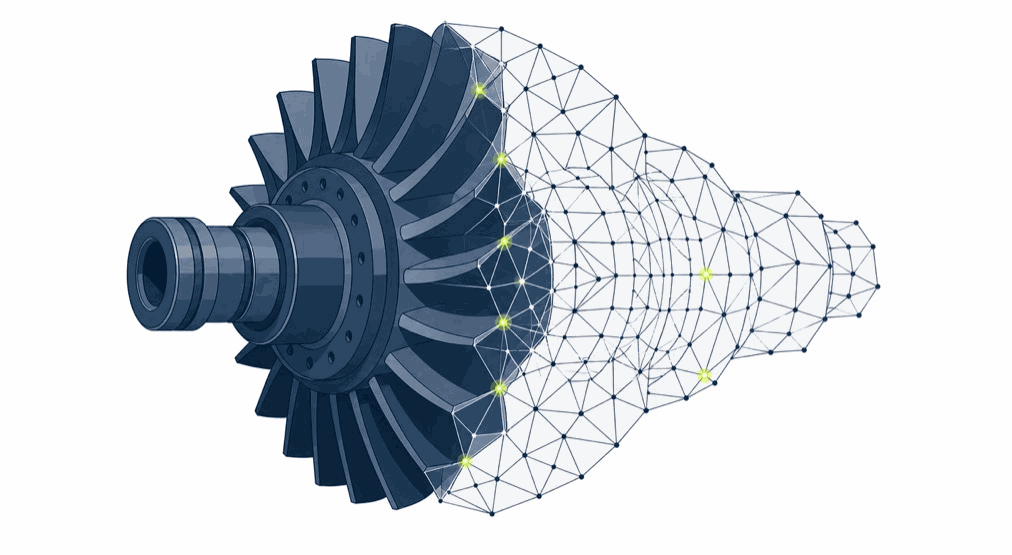 Design and modeling, turbine shown half as a wireframe model