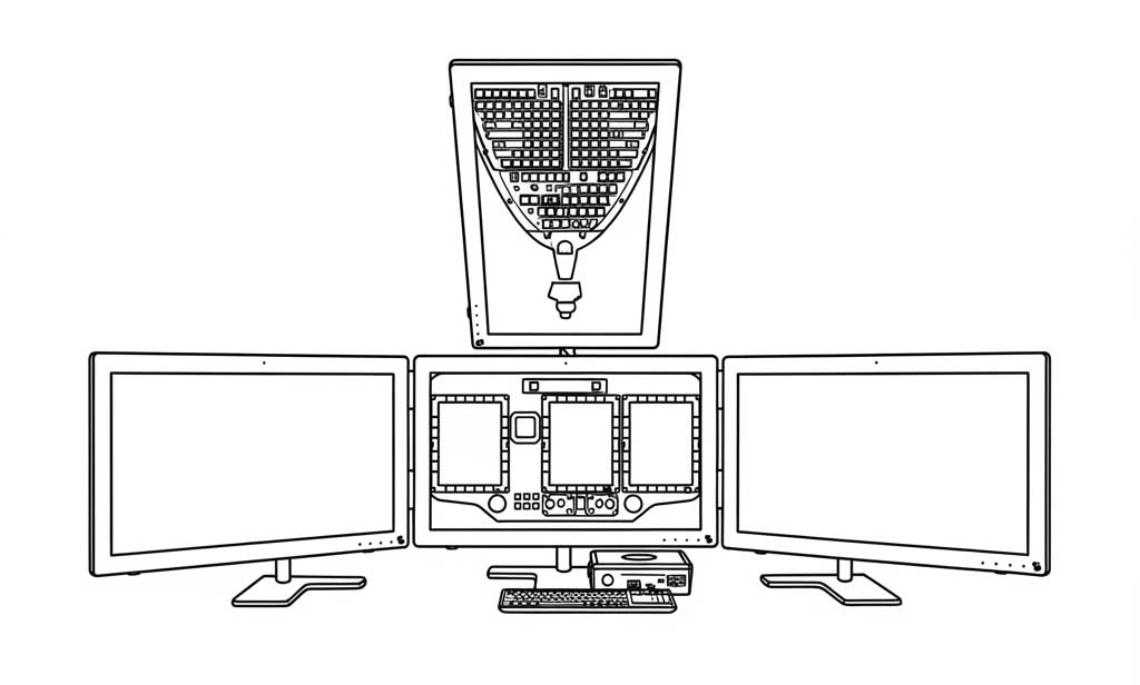 Line drawing of the Avionic Desktop Trainer with three screens