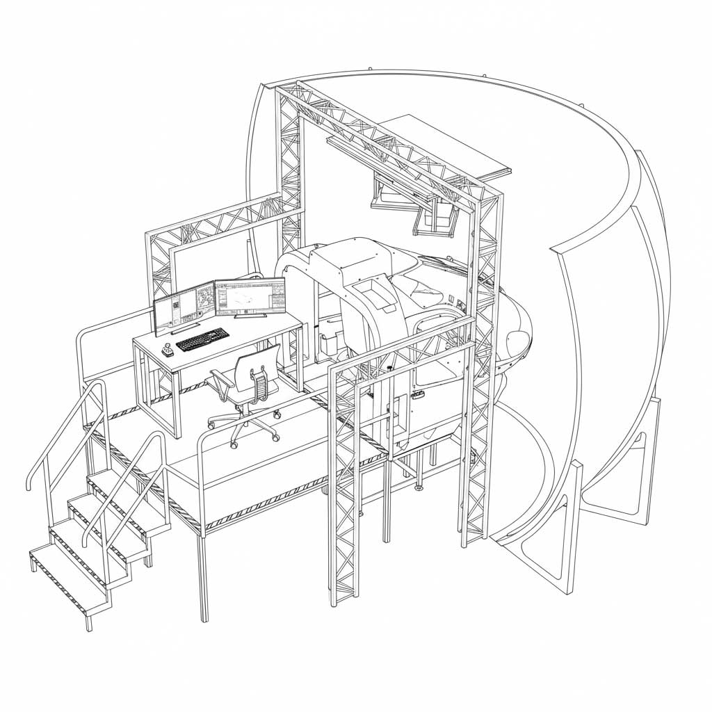 Line drawing of a Flight Training Device with access stairs and visual system