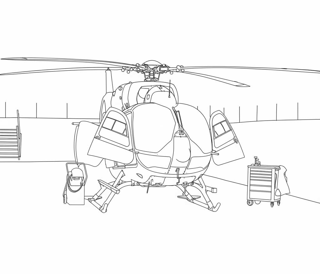 Line drawing of a helicopter during flight data acquisition on the ground