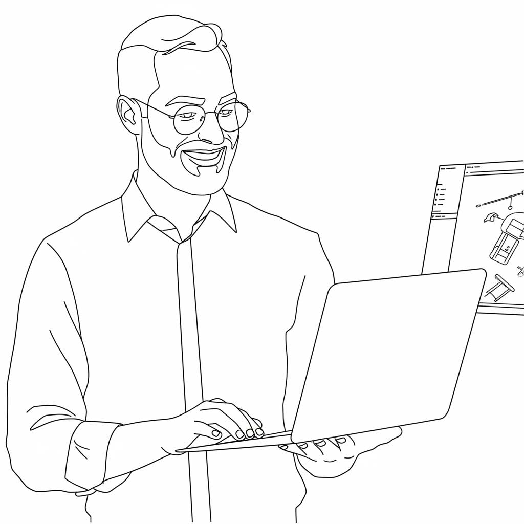 Line drawing of a person using simplAIR on a laptop