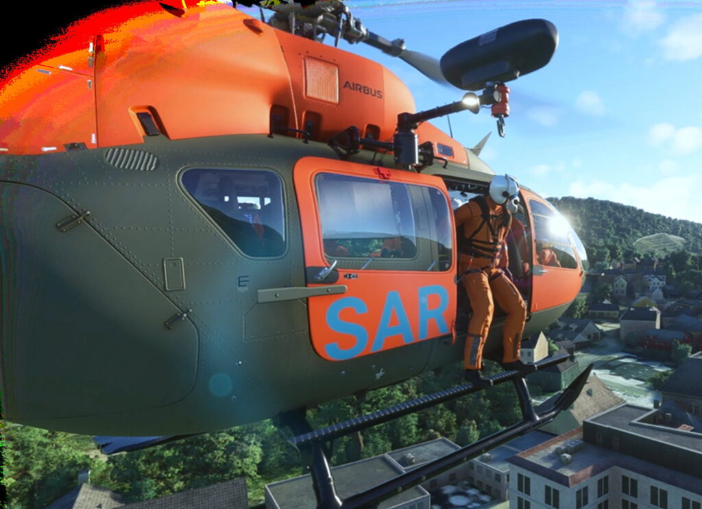 SAR-Hubschrauber mit Windenoperator, Simulationsansicht