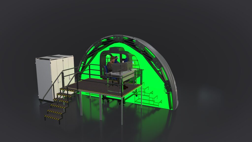 Rendering of the XR-SIM as a fixed-base trainer with platform and access stairs