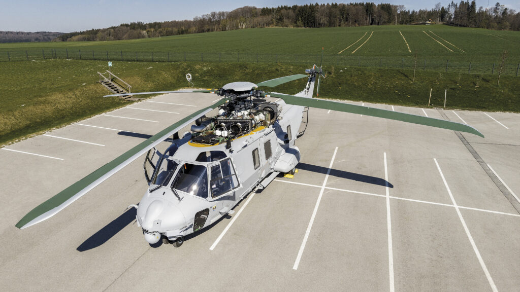 NH90 helicopter on the apron, elevated front view