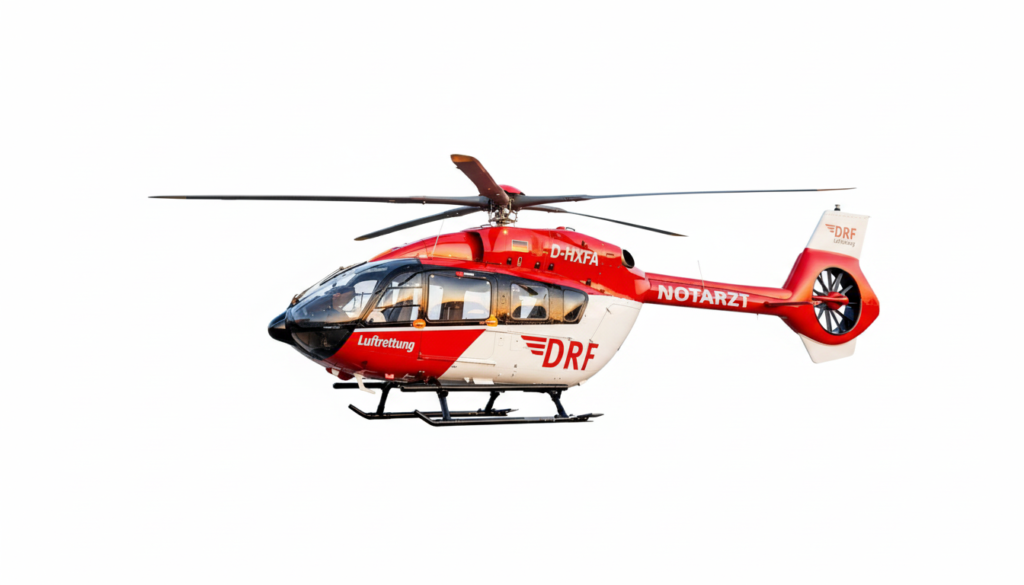 Airbus H145 D3 rescue helicopter of DRF Luftrettung, side view on a white background