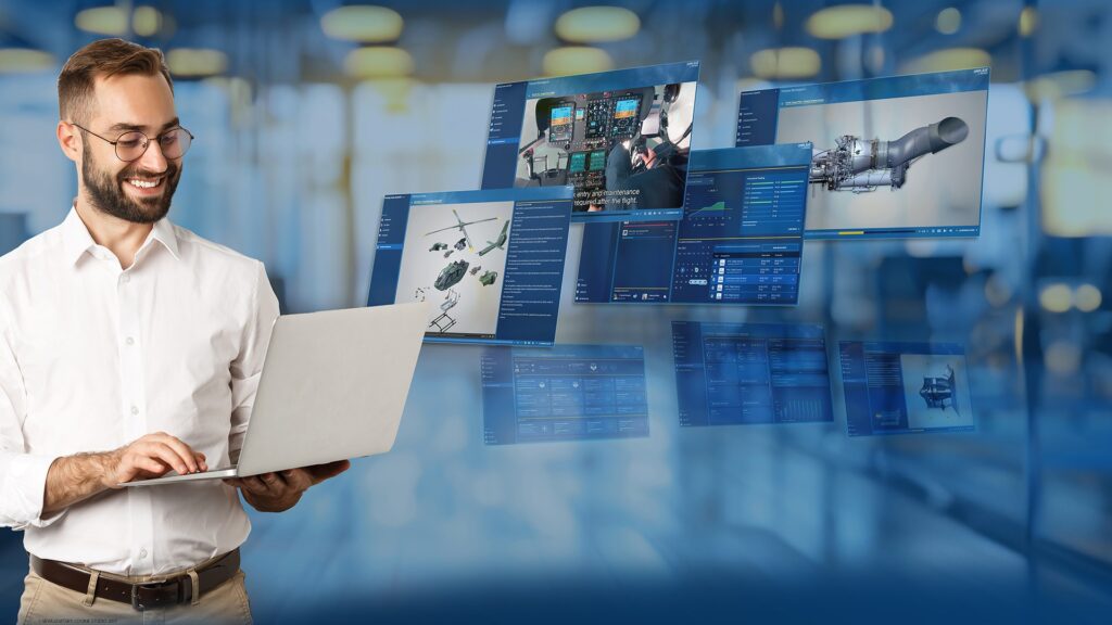 Person with a laptop in front of digital icons of the simplAIR training software