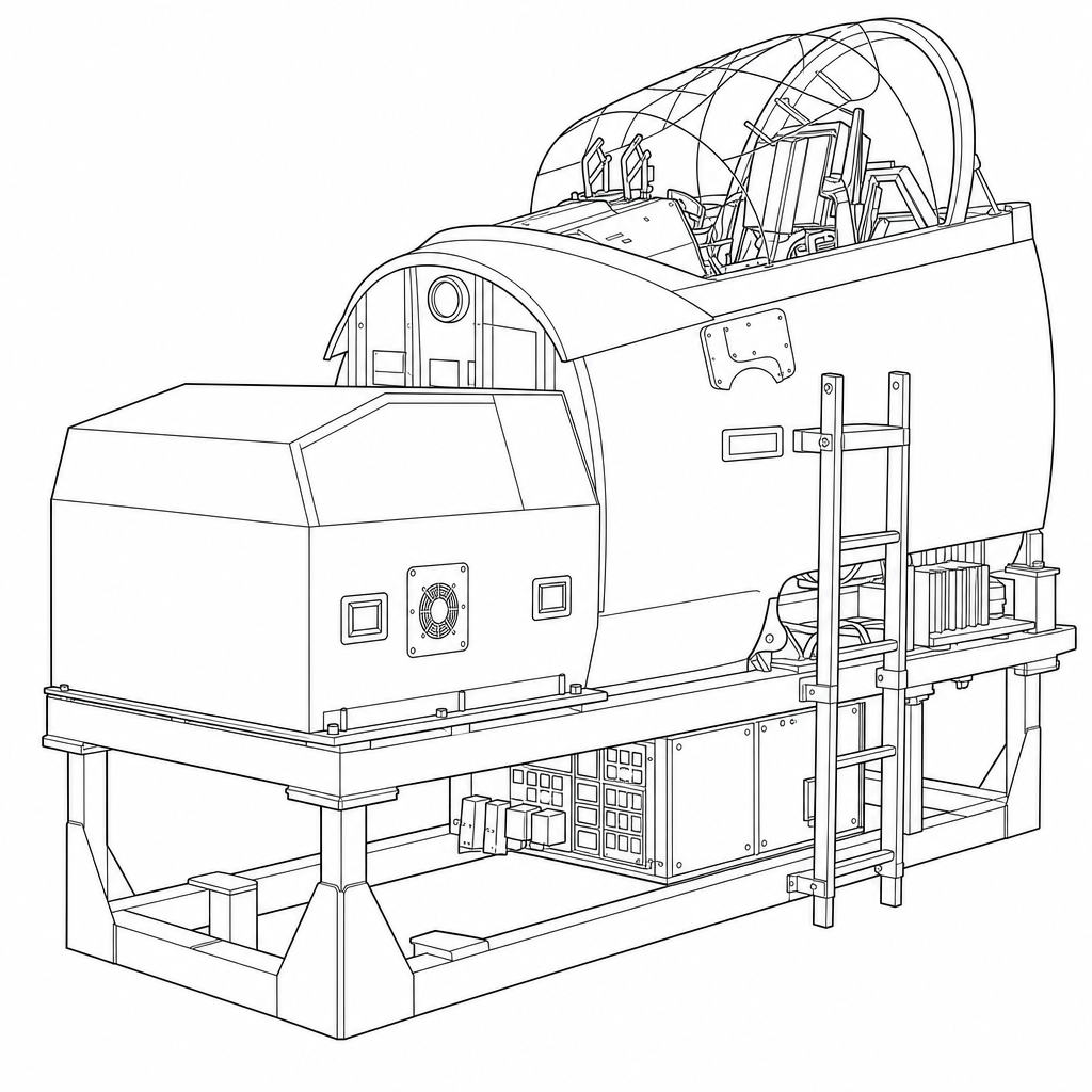 Line drawing of a fixed-wing cockpit module on a frame