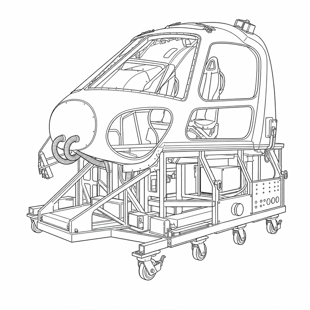 Line drawing of an H125 cockpit module on a mobile frame